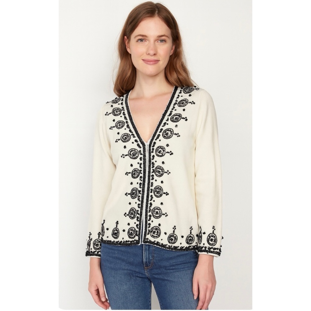 NWT VINTAGE BOSTON PROPER | Cream and Black Beaded Cardigan Sweater Sz. Small